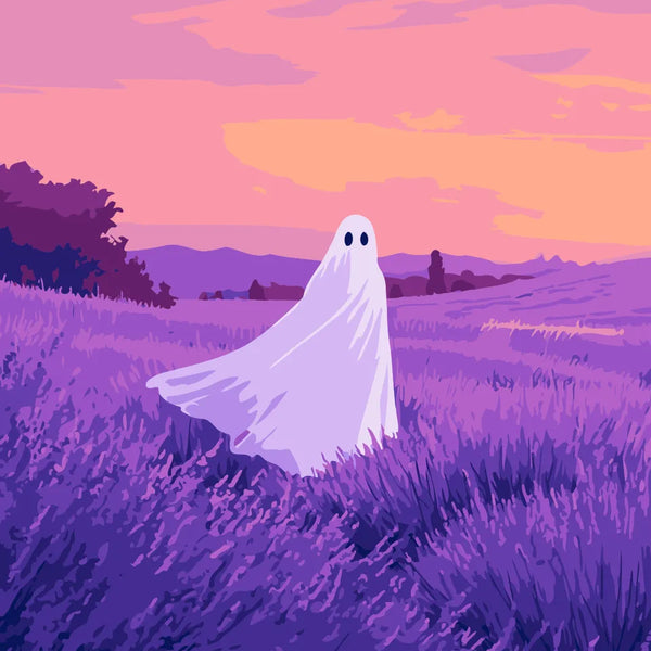 A playful ghost drifts through a lavender field at sunset, blending soft pastel hues with a mysterious yet whimsical presence.