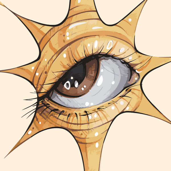 A surreal illustration of a human eye emerging from a golden sunburst, designed by Kalinina for the Solar Eye paint by numbers kit.
