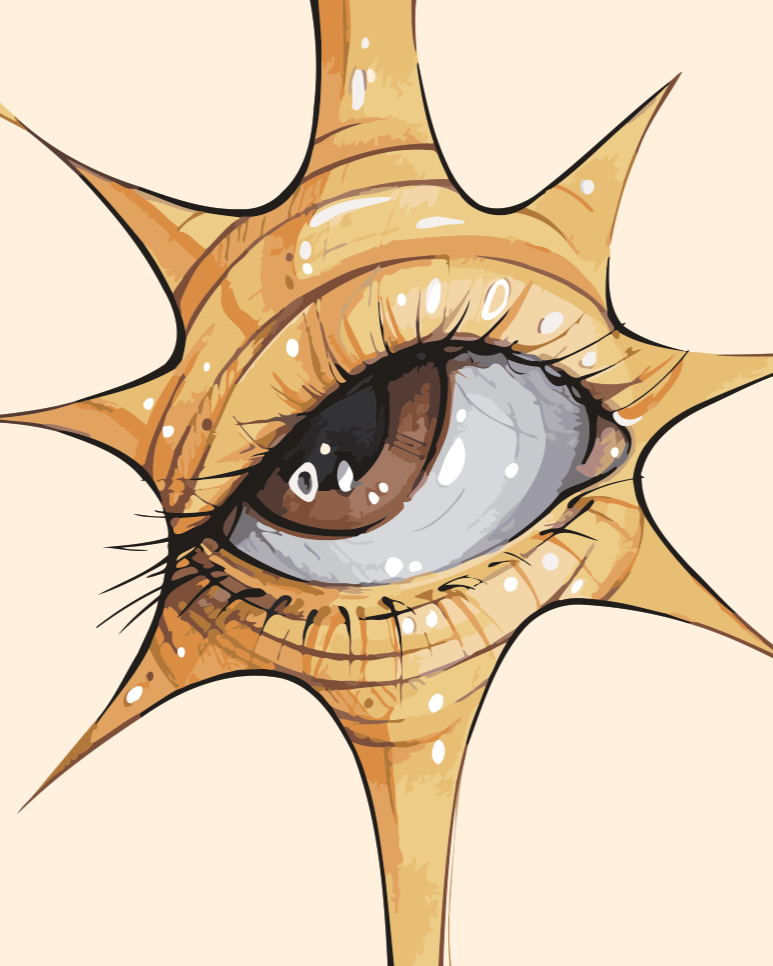 A surreal illustration of a human eye emerging from a golden sunburst, designed by Kalinina for the Solar Eye paint by numbers kit.