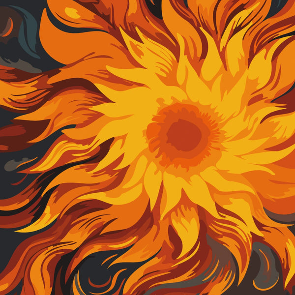 Abstract fiery sunflower painting with swirling orange and yellow petals