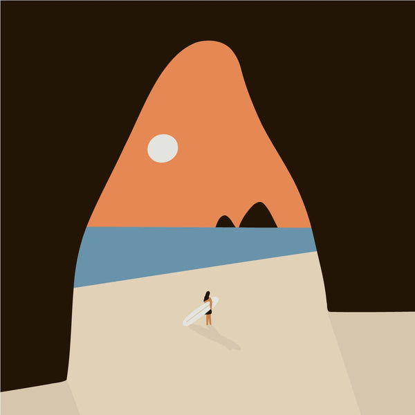 Minimalist beach painting with surfer, ocean, and abstract mountain background