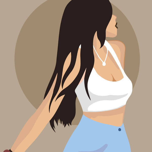 Minimalist digital painting of a stylish woman with long hair