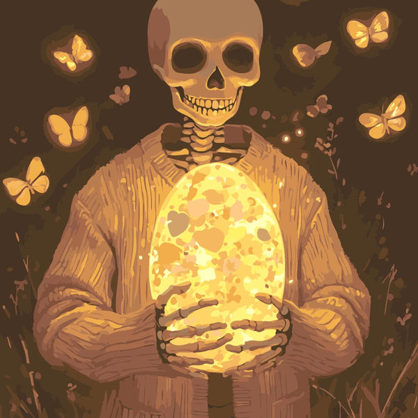 Soul Egg Paint by Numbers Kit featuring a skeleton holding a glowing egg, surrounded by golden butterflies in a mystical atmosphere.