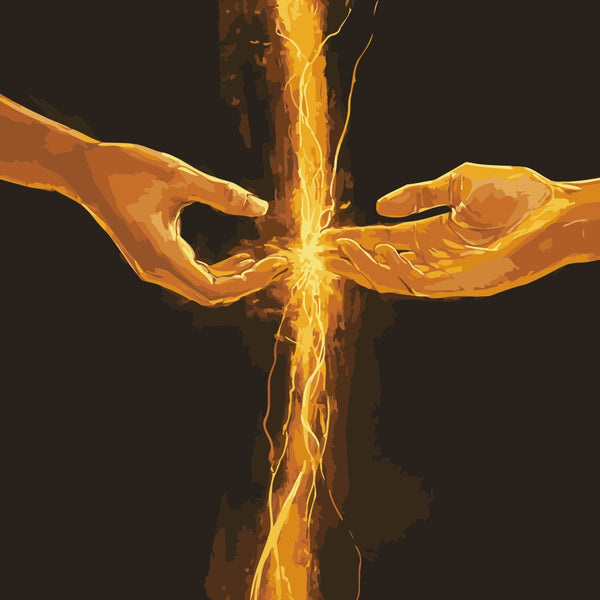 Spark Bond Paint by Numbers Kit featuring two hands reaching towards each other, united by a luminous spark of energy.
