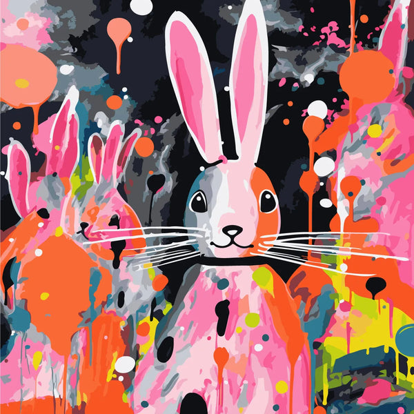 Abstract colorful rabbit painting with splashes of paint and reflections