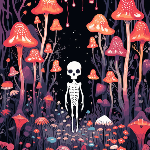 Surreal skeleton in glowing mushroom forest with dark fantasy vibes