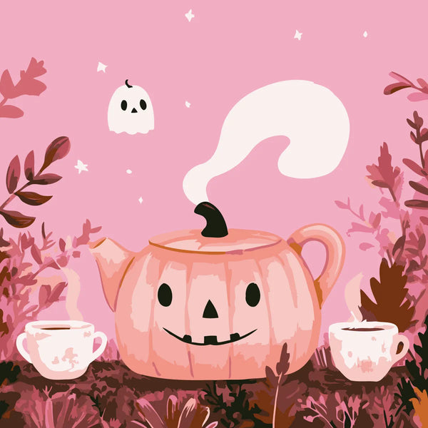 Whimsical pumpkin teapot with steam and ghost in autumn setting