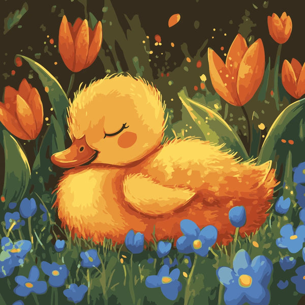 Spring Nap Paint by Numbers Kit featuring a fluffy duckling sleeping among tulips and blue flowers in a peaceful spring meadow.