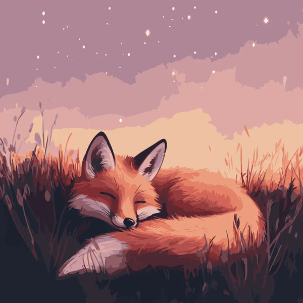 A peaceful fox curled up in a grassy field under a starlit sky, bathed in warm twilight hues, creating a cozy and tranquil scene.