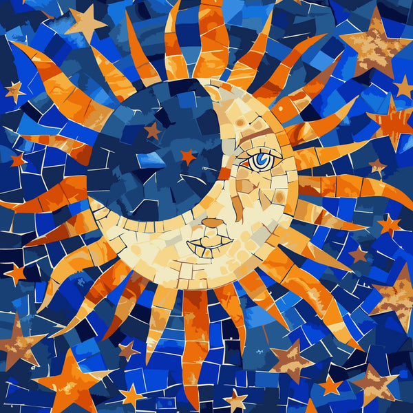Mosaic-style sun and moon with stars in a cosmic night
