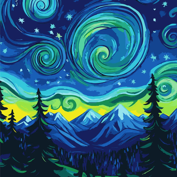 Swirling night sky over mountains and pine trees in vibrant colors