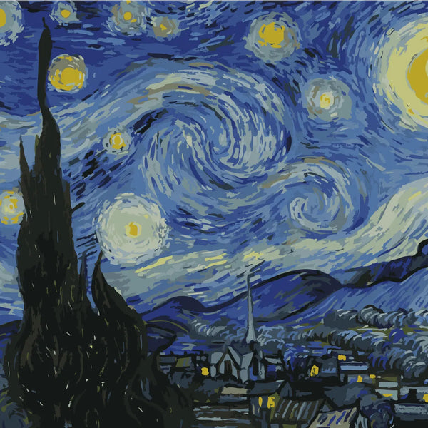 Famous swirling night sky over village inspired by Van Gogh