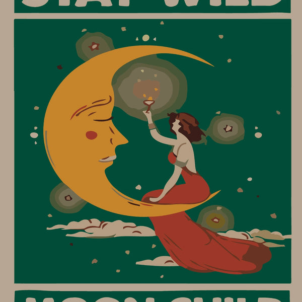Vintage-style painting of a woman sitting on the moon