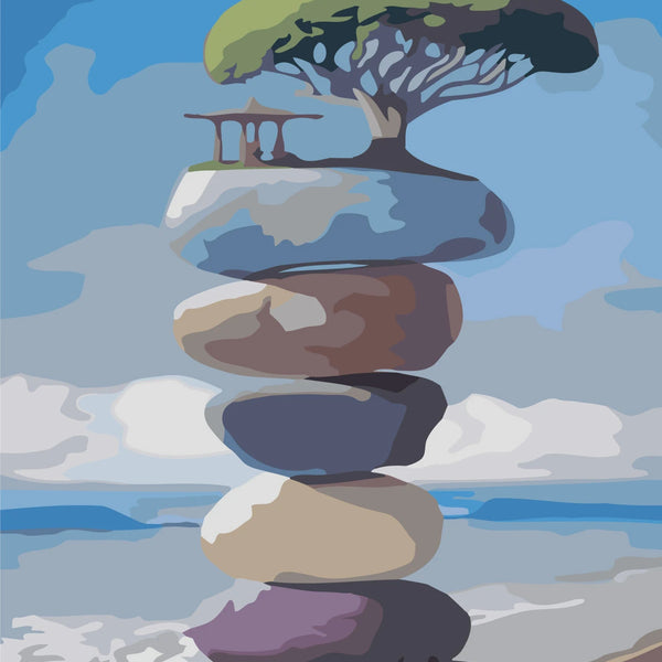 Surreal painting of stacked stones with a tree and gazebo