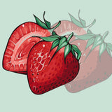 Illustration of a whole and sliced strawberry with glossy texture and green leaves on a mint background, designed by Kalinina for the Strawberry Dream kit.