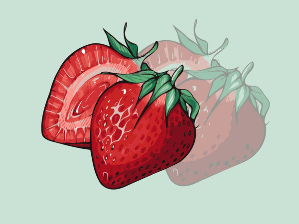 Illustration of a whole and sliced strawberry with glossy texture and green leaves on a mint background, designed by Kalinina for the Strawberry Dream kit.