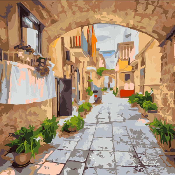 Painting of a charming Mediterranean alley with stone walls and plants