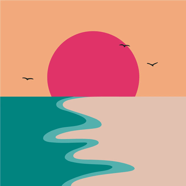 Minimalist painting of a sunset over the ocean with birds