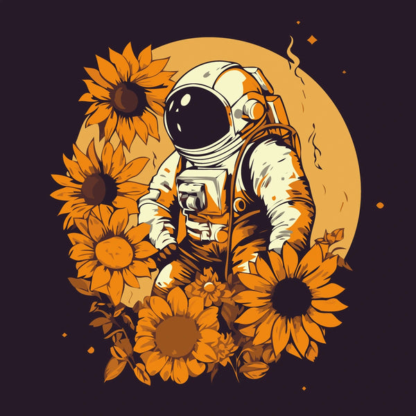 Astronaut standing among sunflowers with a glowing moon background
