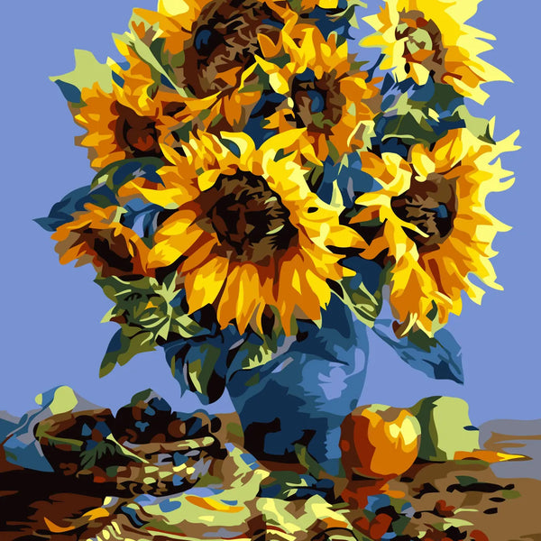 Vibrant sunflower bouquet in blue vase with rustic background