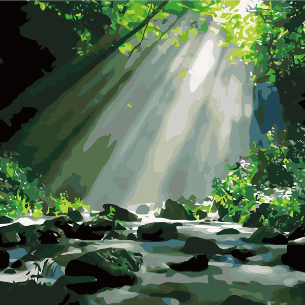 Painting of sunlight streaming through trees onto a forest river
