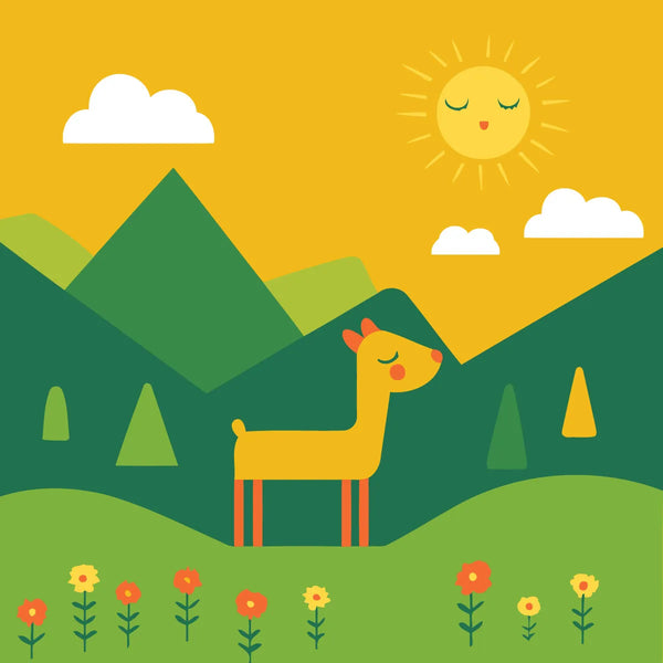 Painting of a cute yellow llama in a sunny mountain landscape