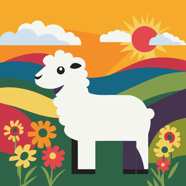 Painting of a white sheep in a colorful mountain landscape