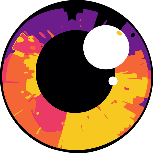 Painting of a colorful abstract eye with vibrant splashes of color
