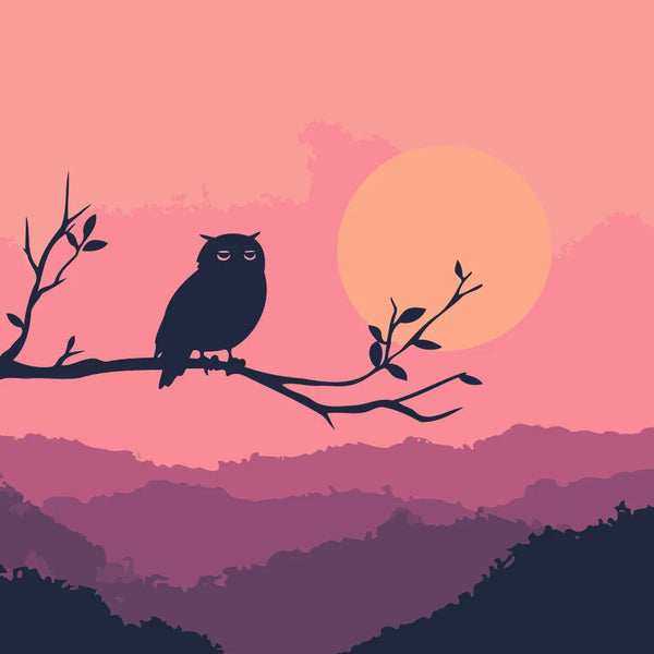 A serene owl perched on a tree branch against a glowing sunset, overlooking rolling mountains in soft hues of pink and purple.