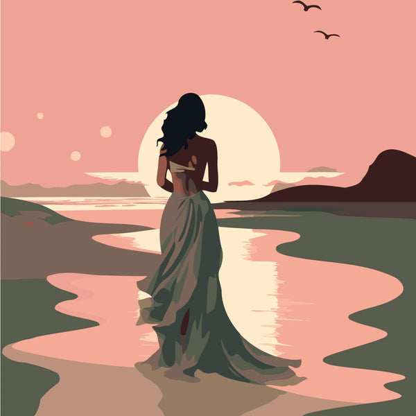 Painting of a woman in a flowing dress walking at sunset