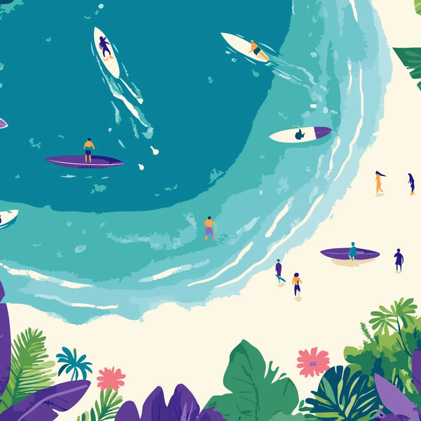 Painting of a tropical beach with surfers and lush green foliage