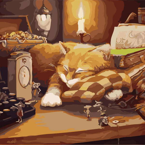 Stylized painting of a sleeping cat surrounded by tiny playful mice