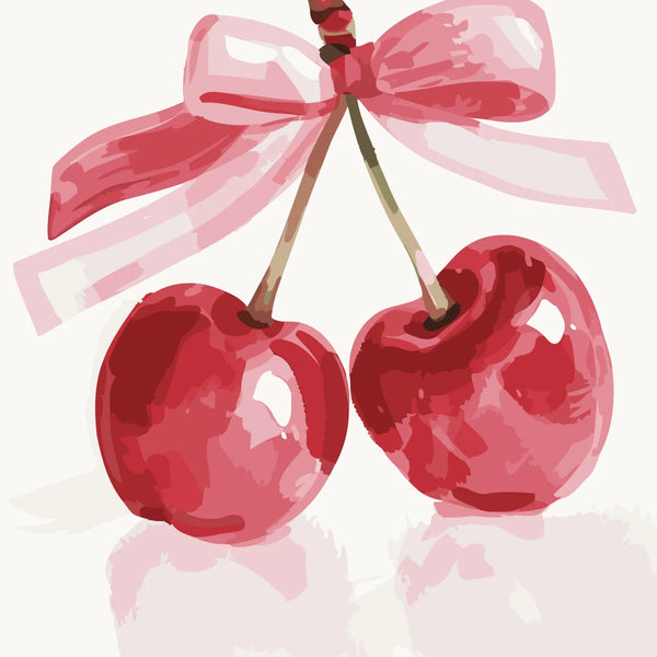 Painting of two cherries tied together with a pink ribbon