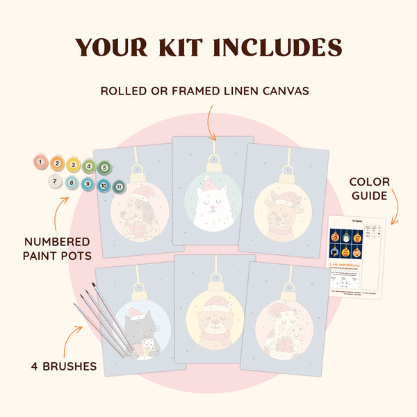 Artspark Sweet Gifts paint by numbers kit including brushes, color pots, guide, and six holiday canvases with cute animals inside Christmas baubles.