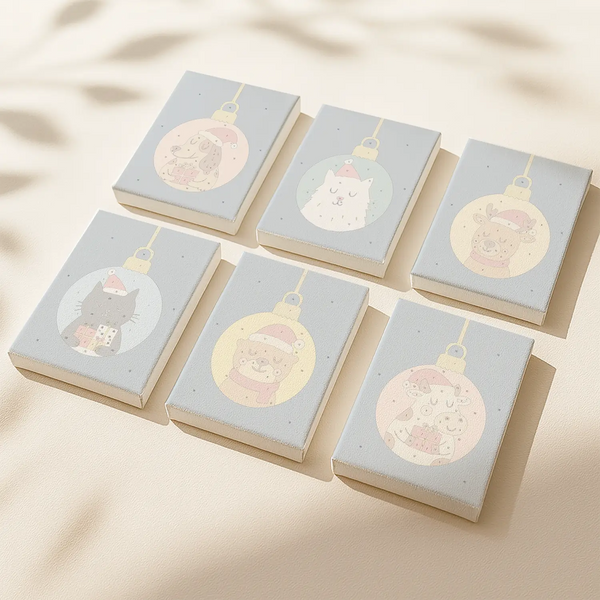 Sweet Gifts paint by numbers set of 6 mini canvases by Artspark showing outlined animal ornaments ready to paint, featuring cat, dog, reindeer and more.