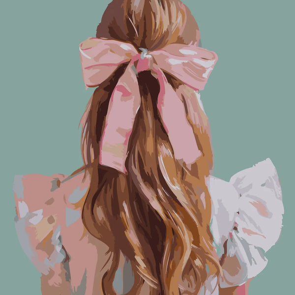 Painting of a girl with long wavy hair and pink bow