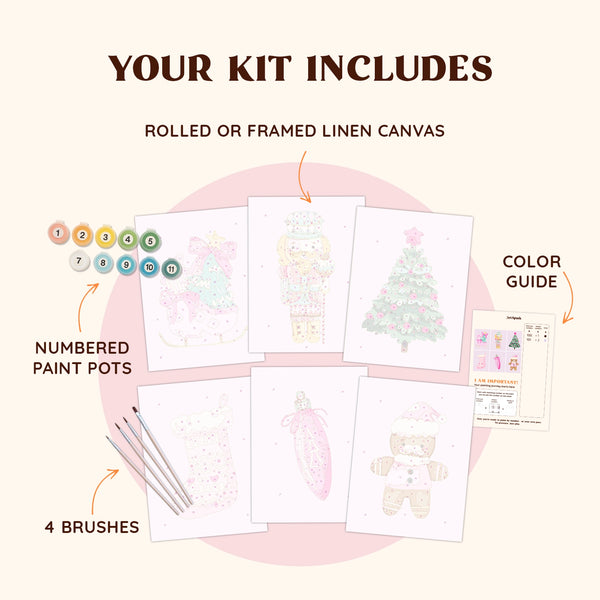 Artspark Sweet Noel paint by numbers kit with brushes, numbered paints, and color guide — pastel Christmas DIY art set perfect for cozy holiday crafting and decor.