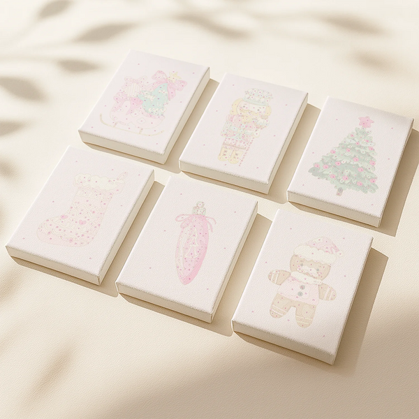 Sweet Noel paint by numbers set of 6 pastel Christmas mini canvases by Artspark featuring nutcracker, Christmas tree, stocking, and gingerbread cookie designs ready to paint.