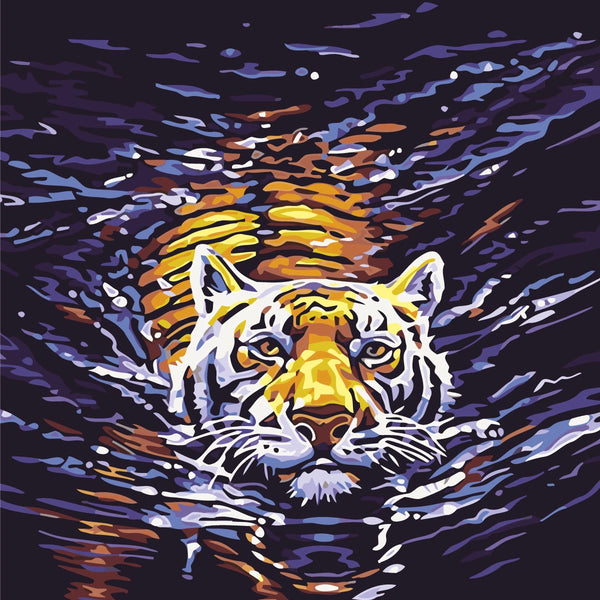 Stylized painting of a majestic tiger swimming in dark water