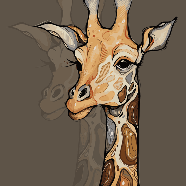 Portrait of a giraffe with intricate warm-toned patterns and a serene gaze, designed by artist Kalinina for the Tall Gaze paint by numbers kit.