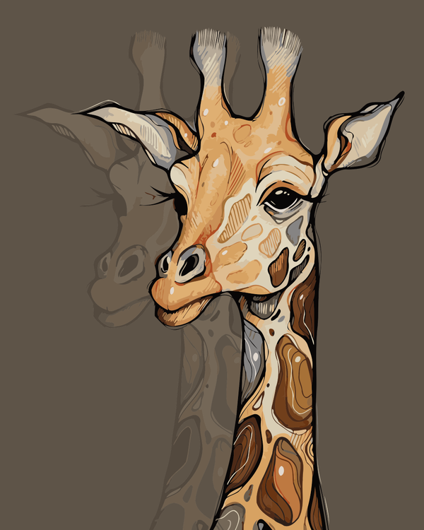 Portrait of a giraffe with intricate warm-toned patterns and a serene gaze, designed by artist Kalinina for the Tall Gaze paint by numbers kit.