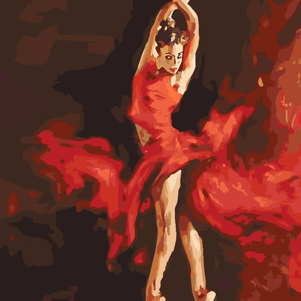 Stylized painting of a graceful dancer in a flowing red dress