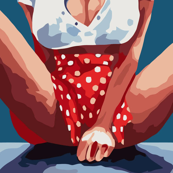 Bold abstract painting of a seated woman in polka-dot skirt