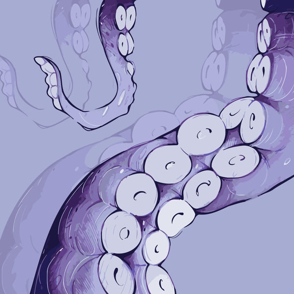 Stylized octopus tentacles in swirling violet tones on a soft purple background, illustrated by Kalinina for the Tentacle Twist paint by numbers kit.