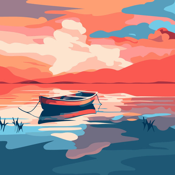 Colorful painting of a boat floating on a serene lake