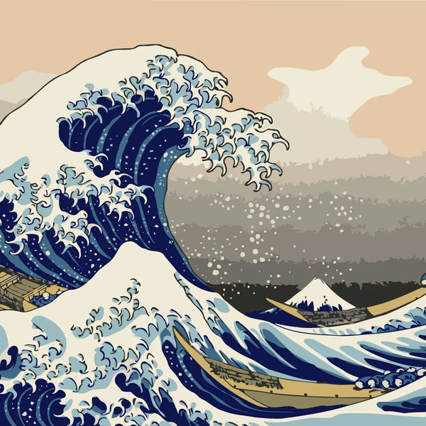 Japanese wave painting with boats inspired by Hokusai's Great Wave