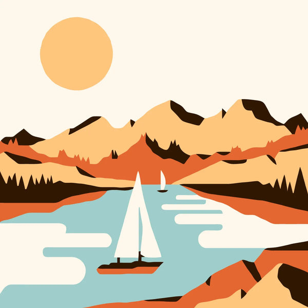 Minimalist landscape painting with sailboats on a lake and mountains
