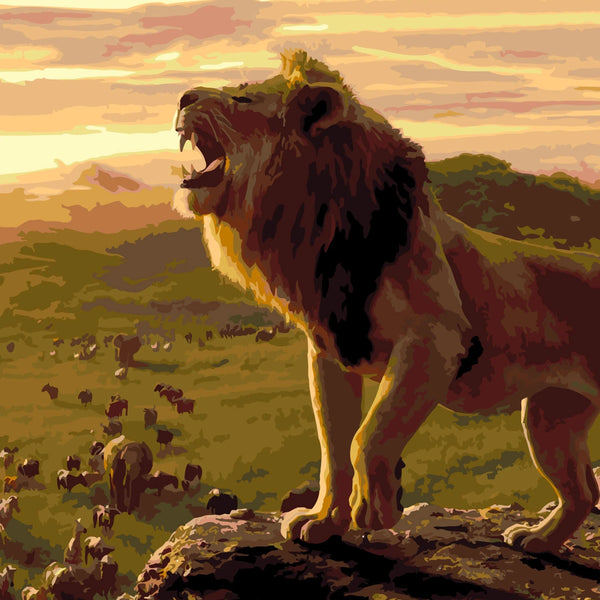 Stylized painting of a roaring lion on a rock at sunset