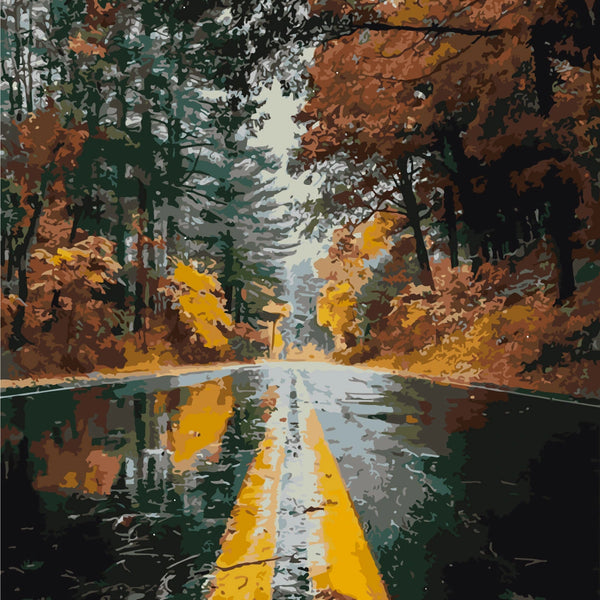 Stylized painting of a wet autumn road surrounded by colorful trees