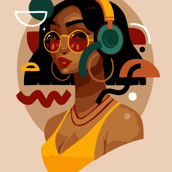 Stylized portrait of a confident woman wearing headphones and sunglasses